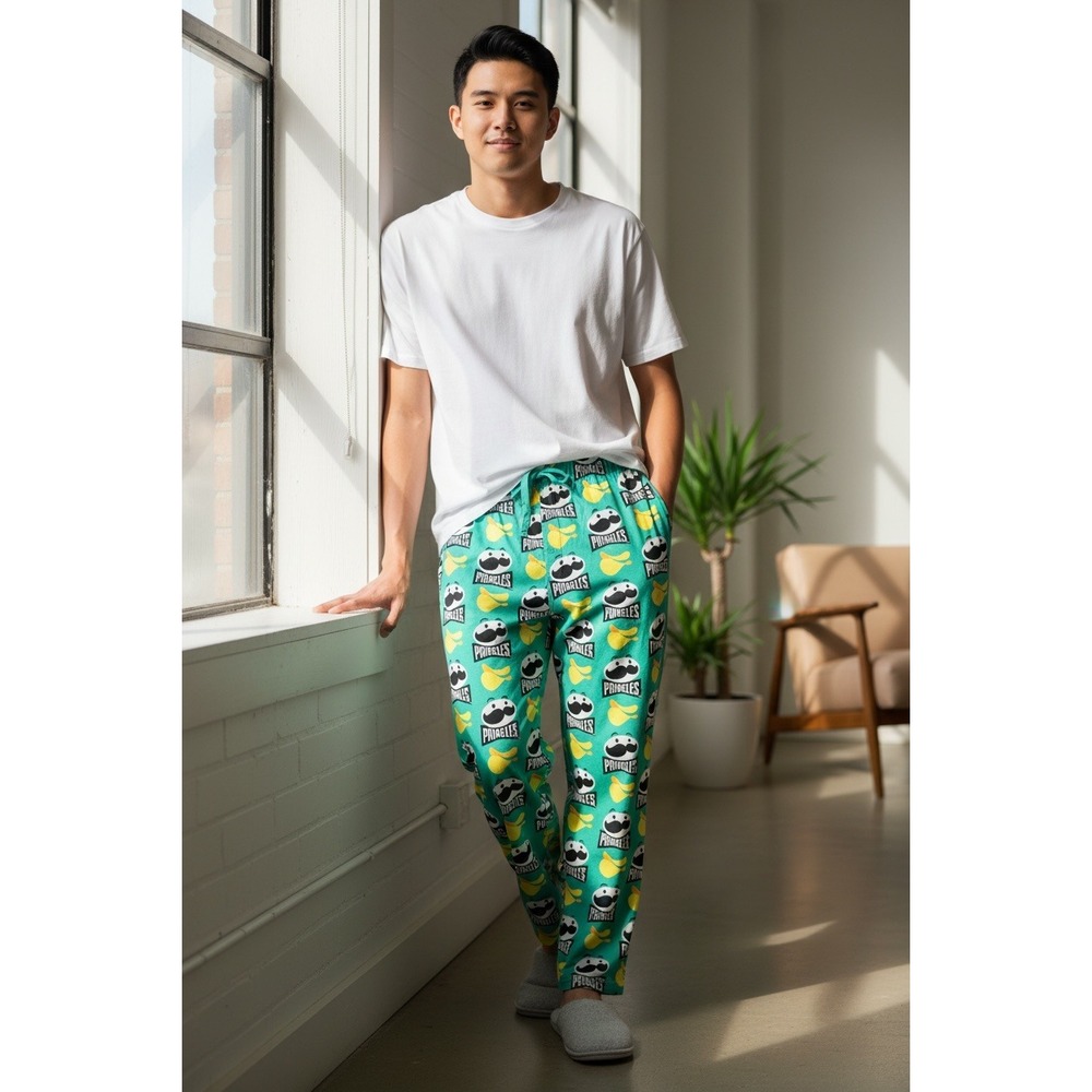 Pringles Pajama Pants Men Size M Green Graphic Logo Chips Lounge Sleepwear